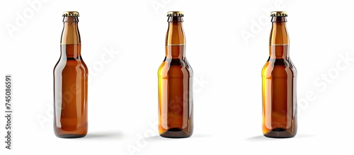 Three brown beer bottles are neatly arranged on a clean white background. The bottles appear empty and are positioned side by side.