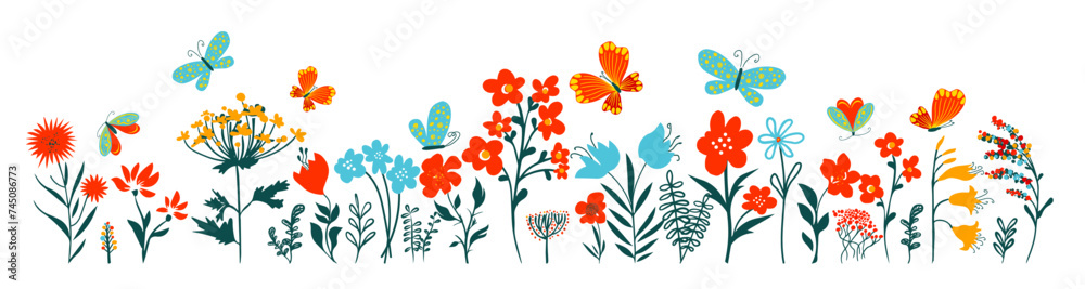 Header Edit Flower Horizontal grass headers. Cute simple flowers and butterflies in the ...
