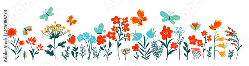 Horizontal grass headers. Cute simple flowers and butterflies in the grass. hand drawing. Not AI, Vector illustration.