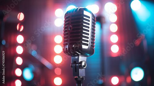 Studio microphone over bokeh background. Podcast, concert, show, stand up concept