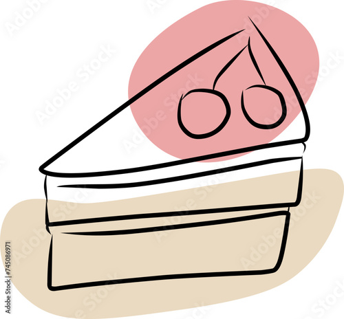 Cake with cherry, hand drawn sketch, vector. Hand drawn and colored spots.