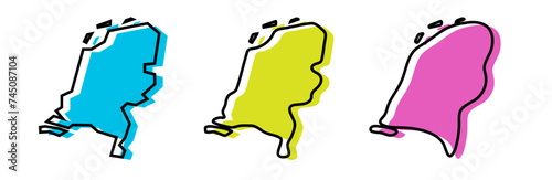 Netherlands country black outline and colored country silhouettes in three different levels of smoothness. Simplified maps. Vector icons isolated on white background.