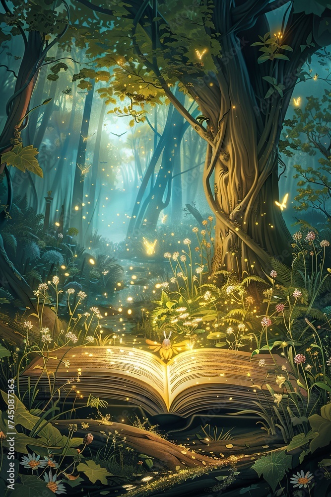fantasy illustration. a unique book opens the gates to magical worlds where talking animals, glowing forests and mysterious adventures are waiting to be discovered - obrazy, fototapety, plakaty 