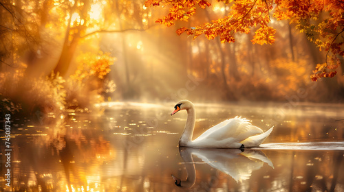 A lone swan gliding gracefully across the tranquil pond, its reflection mirroring the vibrant autumn hues