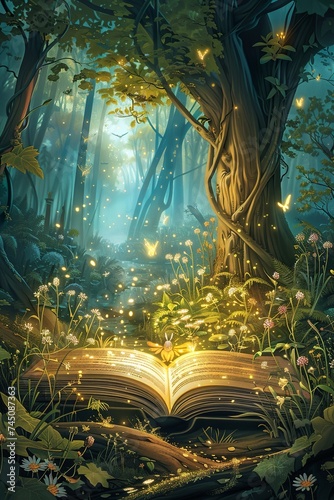 fantasy illustration. a unique book opens the gates to magical worlds where talking animals, glowing forests and mysterious adventures are waiting to be discovered © Pekr