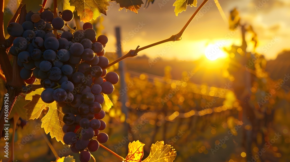 Vineyards at sunset in autumn harvest. Ripe grapes in fall.  - obrazy, fototapety, plakaty 