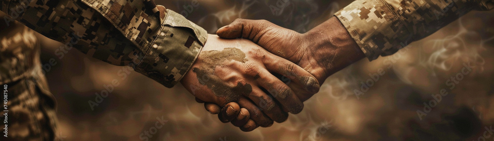 A unique representation of soldiers from the American military coming together in solidarity, hand in hand - obrazy, fototapety, plakaty 
