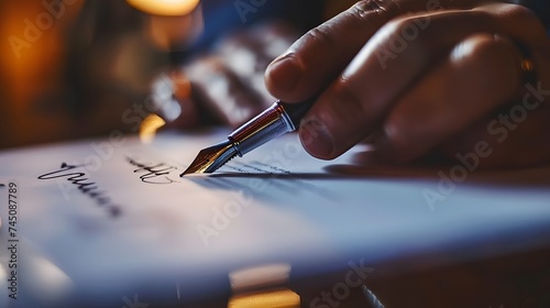 Person Signing Important Document. Camera Following Tip of the Pen as it Signs Crucial Business Contract. Mock-up 