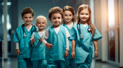 kids wearing a medical doctor gown in a hospital background. concept Medical education in the medical school of future doctors.