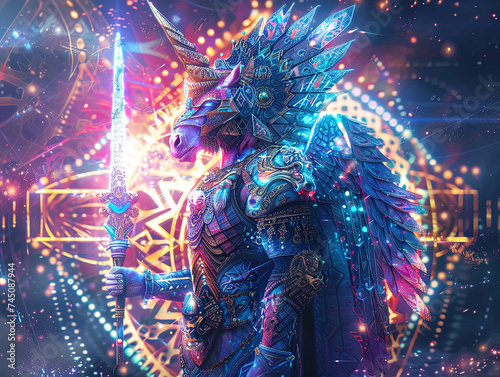 Medieval knight in armor. Portrait of gigantic cute horse deity warrior in a shining armor holding the pitcher. There is a geometric cosmic mandala zodiac style made of lights in the background