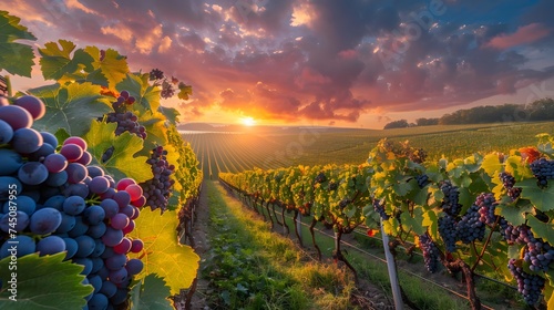 Vineyards at sunset in autumn harvest. Ripe grapes in fall. 
