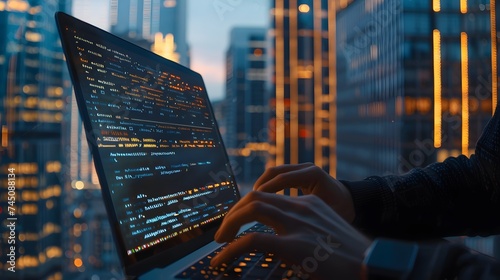 Programming Work Time. Programmer Typing New Lines of HTML Code, night skyscrapers on background. Laptop and Hand Closeup. Web Design Business, Digital technology, software development concept.  photo