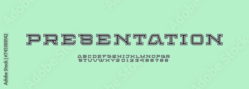 Modern outline font, slab serif alphabet, nano technology letters A, B, C, D, E, F, G, H, I, J, K, L, M, N, O, P, Q, R, S, T, U, V, W, X, Y, Z and numerals 0, 1, 2, 3, 4, 5, 6, 7, 8, 9 made line style
