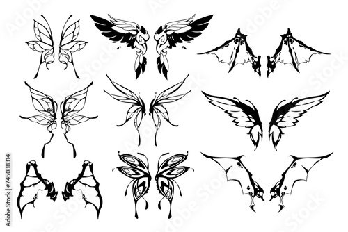 Fairy wings tattoo. Cute butterfly and butterfly wing silhouettes, fantasy magic winged creature body parts for tattoo design. Vector isolated set