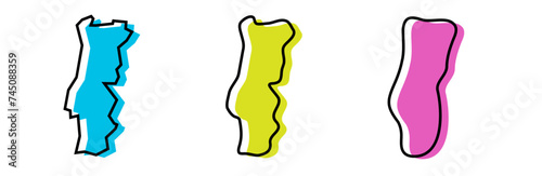 Portugal country black outline and colored country silhouettes in three different levels of smoothness. Simplified maps. Vector icons isolated on white background.