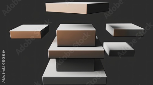 The boxes seem to be flying, repeating chamfer boxs decreasing in height upwards, black background, white boxes photo