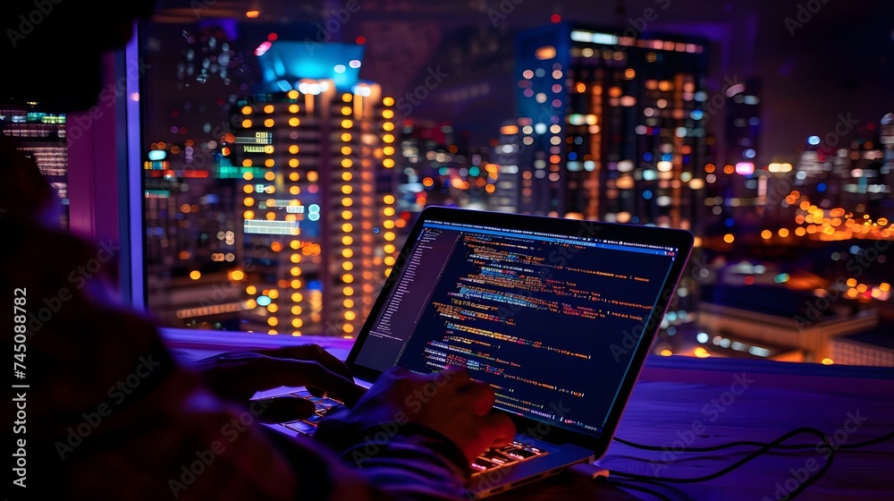 Programming Work Time. Programmer Typing New Lines of HTML Code, night skyscrapers on background. Laptop and Hand Closeup. Web Design Business, Digital technology, software development concept. 