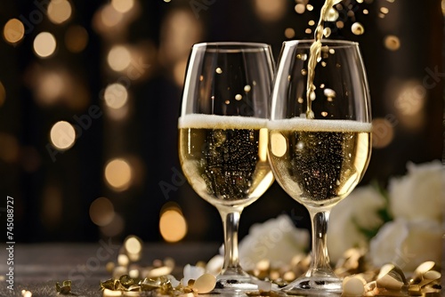 Two glasses of champagne and bottle gold shining banner. Confetti floating in glasses. New year eve, Christmas party poster
