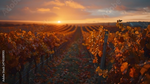 Vineyards at sunset in autumn harvest. Ripe grapes in fall. 