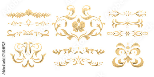 Decorative frame ornamental parts. Luxury monogram and text border stickers, wedding invitation and certificate frame stickers. Vector isolated set