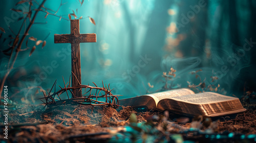 Create a hauntingly beautiful composition featuring a wooden cross, Holy Bible, and Crown of thorns in a serene backdrop background photo