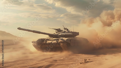 Army or military tank ready to attack in a battle moving over a deserted battlefield terrain. digital ai art
