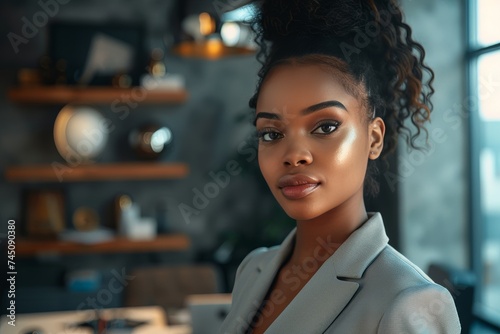 Beautiful African American business woman wearing a business suit, headshot portrait, business, career, success, entrepreneur, diversity, workplace
