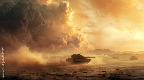 Army or military tank ready to attack in a battle moving over a deserted battlefield terrain. digital ai art 