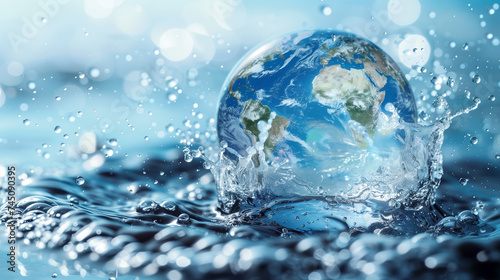 Planet Earth in a water splash  water splash on blue background