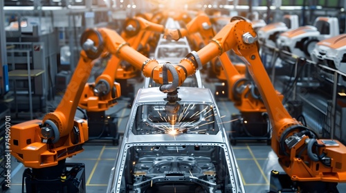 Robot welding is welding assembly automotive part in car factory. 