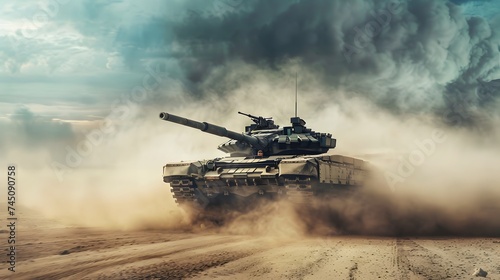 Army or military tank ready to attack in a battle moving over a deserted battlefield terrain. digital ai art 