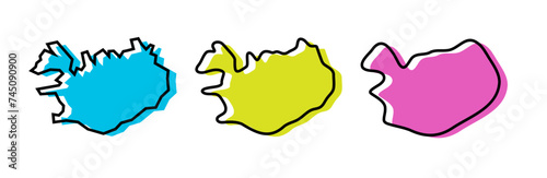 Iceland country black outline and colored country silhouettes in three different levels of smoothness. Simplified maps. Vector icons isolated on white background.