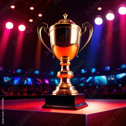 Esports victory trophy in modern futurestic gaming arena