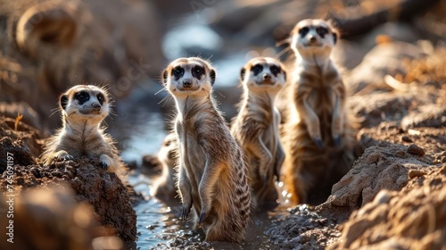 amusing composition featuring playful meerkats in a mud pool, showcasing their curious postures and cooperative behaviors