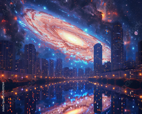 Andromeda galaxy as seen through a cyberpunk cityscape neon lights mirroring cosmic wonders photo