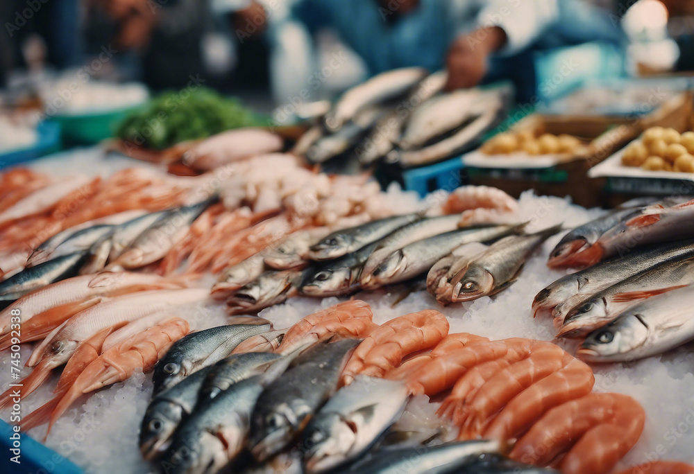 Local market with fresh farm products Sea fish and seafood close-up on street counter