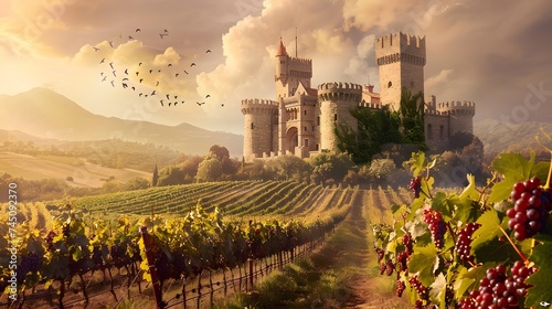 Medieval Castle Overlooking Vineyards with Ripe Grape Bunches. The medieval castle overlooking the vineyards exudes a sense of grandeur and history.