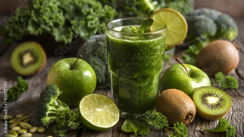 Green juice or smoothie with ingredients. Blended Spinach, Kale, kiwi, green Granny Smith apple, lime, broccoli. Healthy vegetarian diet.