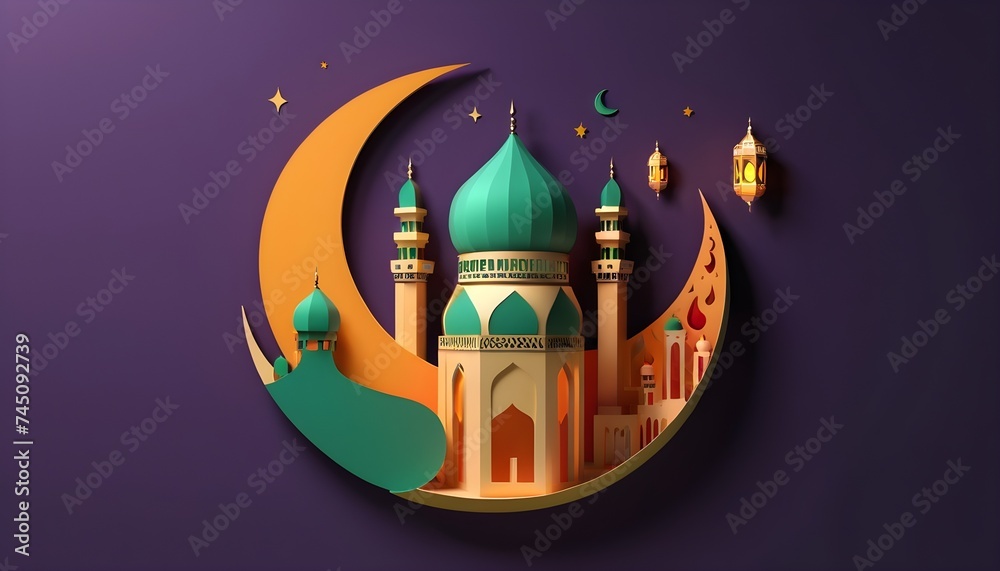 Modern 3D colorful greeting card Islamic holiday banner suitable for Ramadan, Raya Hari, Eid al-Adha and Mawlid.