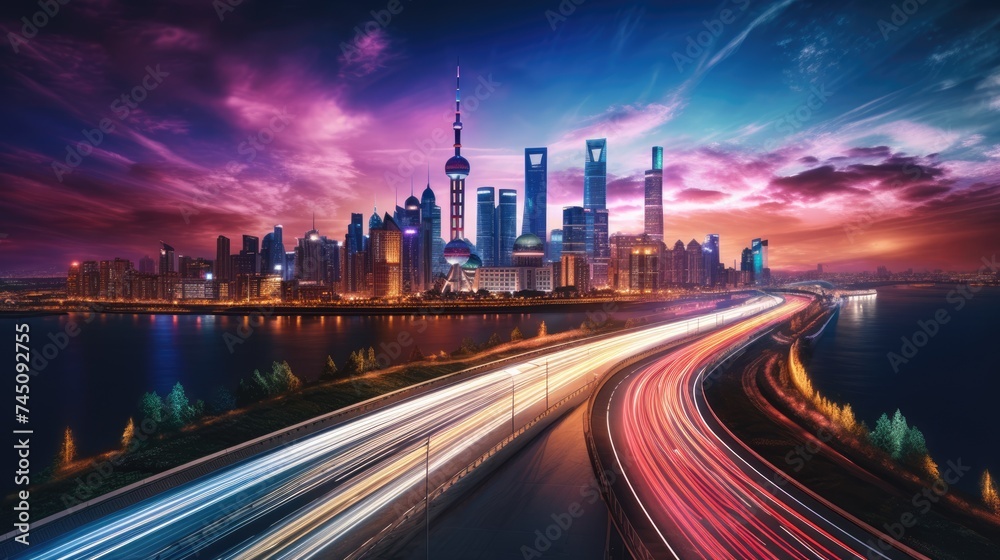 A dynamic long exposure of a futuristic highway A dynamic long exposure of a futuristic highway