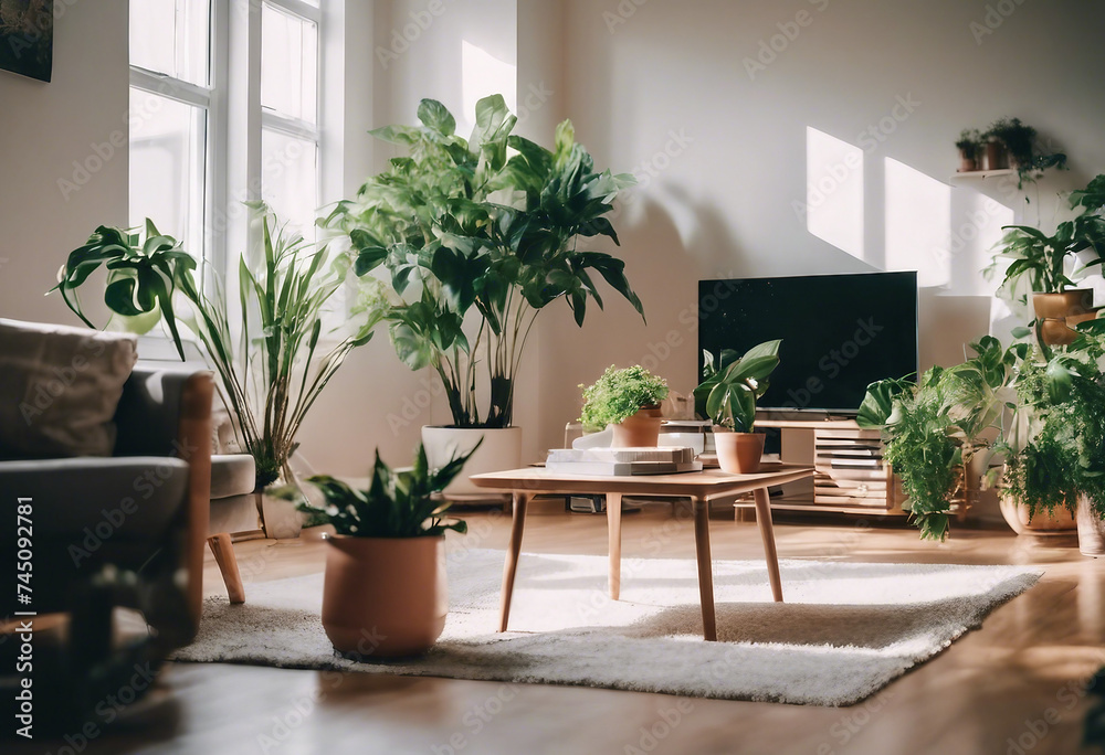 Minimal living room with indoor plants Bright authentic home interior Home gardening and biophilic d