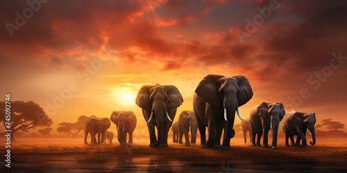 Whispers of Dusk: Capturing the Enigmatic Beauty of an Ethereal Elephant Silhouette Amidst a Backlit Sunset Sky background ai generated