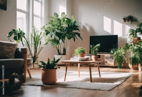 Minimal living room with indoor plants Bright authentic home interior Home gardening and biophilic d