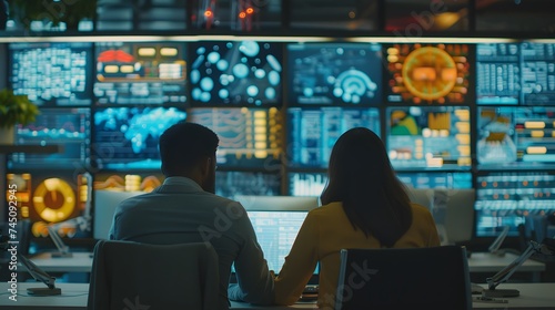 Wide Zoom In Back Shot Of Diverse Male And Female Risk Managers Analyzing Data On Digital Screen In Monitoring Room. Multiethnic Employees Working On Computers For Succesful Venture Capital Company