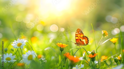 Beautiful wild flowers with butterfly on sunny spring meadow, close-up macro. Landscape wide format, copy space. Delightful pastoral airy artistic image.