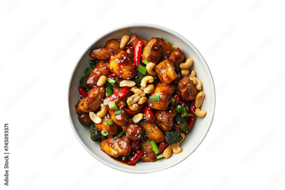 top view of kung pao chicken, a popular Chinese dish featuring stir-fried chicken with peanuts, vegetables, and a spicy sauce. top view of kung pao chicken, a popular Chinese dish featuring stir-fried chicken with peanuts, vegetables, and a spicy sauce.