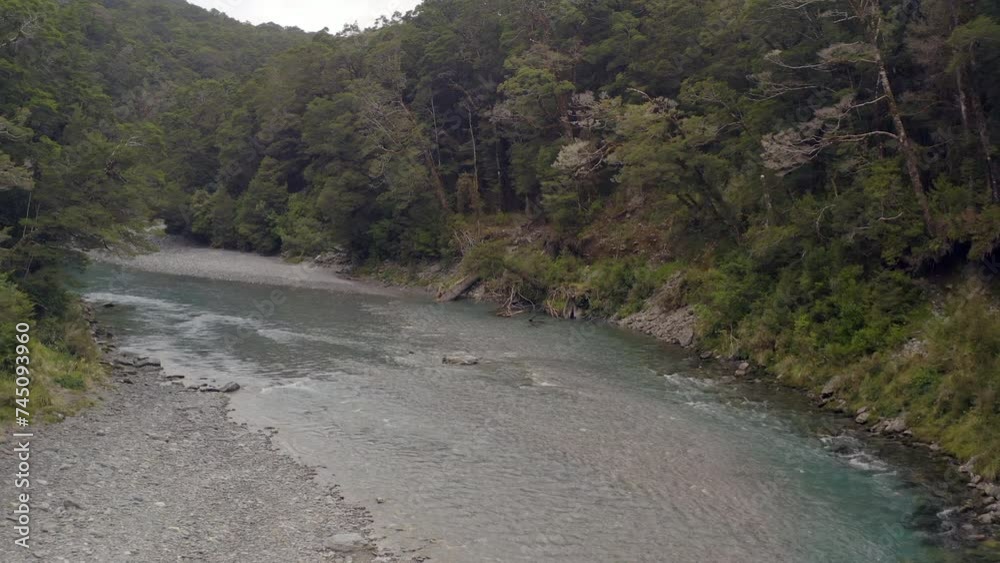 Aerial view from river in Blue Pools of New Zealand at cloudy day Aerial view from river in Blue Pools of New Zealand at cloudy day