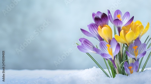 Crocus Yellow Purple spring flower growth in the snow with copy space for text.  © Ziyan