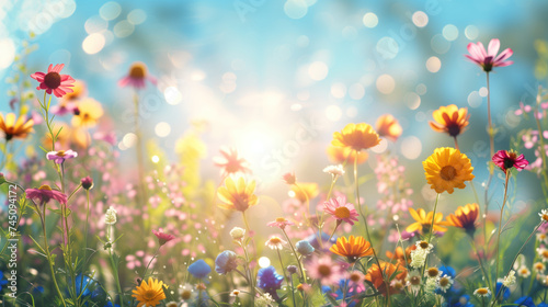 A vibrant meadow of wildflowers basks in the golden sunlight, creating a dreamy and serene backdrop.