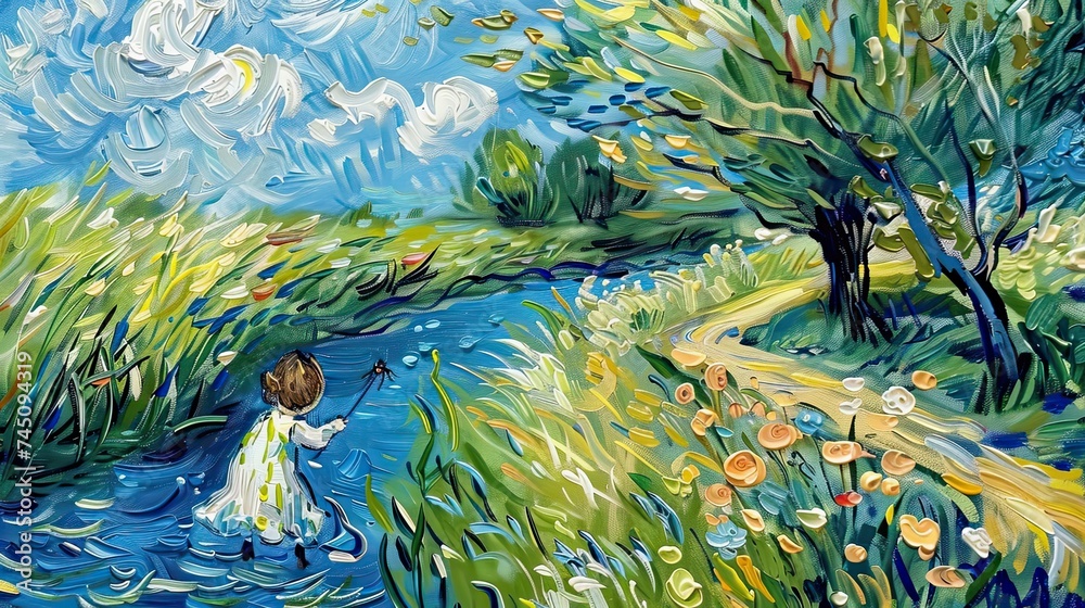 Spring scene, there is a cute little girl happily catching insects on ...